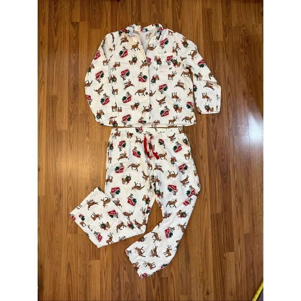 Old Navy Womens 2 Piece Christmas Reindeer Print Pajama Set White Red Size Large